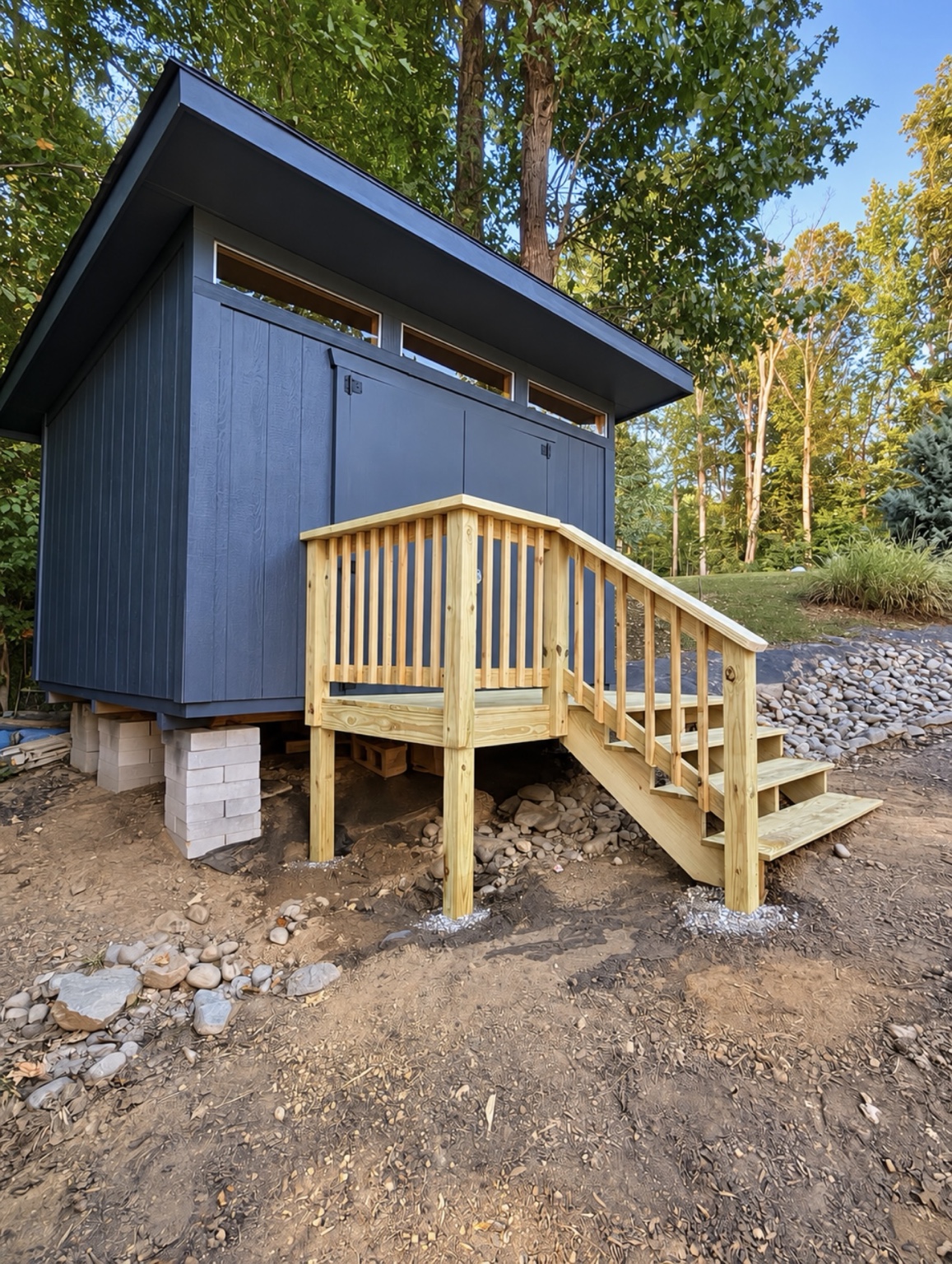 Shed with custom wooden deck and stairs
